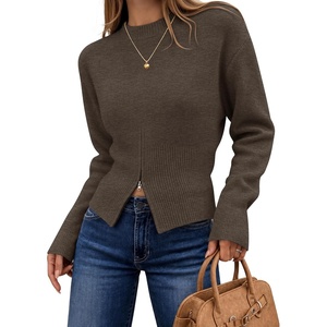 image:imageZESICA Womens Fall Zipper Pullover Sweaters 2026 Cozy Ribbed Knit TopsBrown