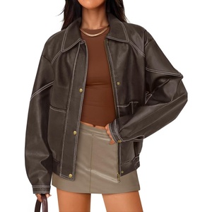image:imageZESICA Womens Faux Leather Jacket Oversized Zipper Motorcycle CoatsDarkcoffee