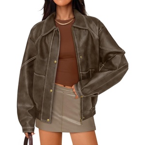 image:imageZESICA Womens Faux Leather Jacket Oversized Zipper Motorcycle CoatsKhaki