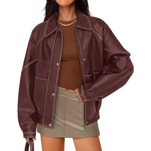 image:imageZESICA Womens Faux Leather Jacket Oversized Zipper Motorcycle CoatsWine