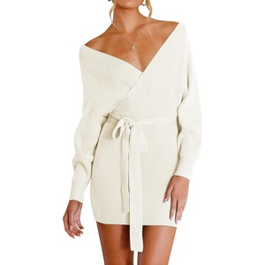 image:imageZESICA Womens Long Batwing Sleeve Wrap V Neck Sweater DressApricot