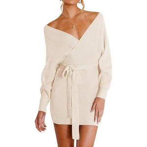 image:imageZESICA Womens Long Batwing Sleeve Wrap V Neck Sweater DressBeige