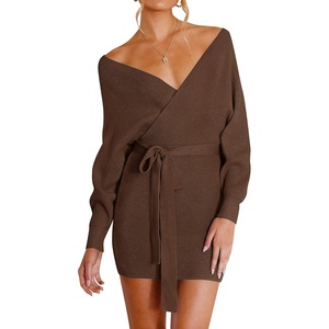 image:imageZESICA Womens Long Batwing Sleeve Wrap V Neck Sweater DressBrown