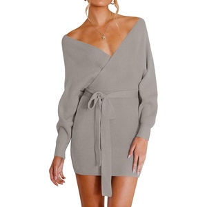 image:imageZESICA Womens Long Batwing Sleeve Wrap V Neck Sweater DressGrey