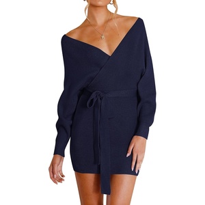 image:imageZESICA Womens Long Batwing Sleeve Wrap V Neck Sweater DressNavy