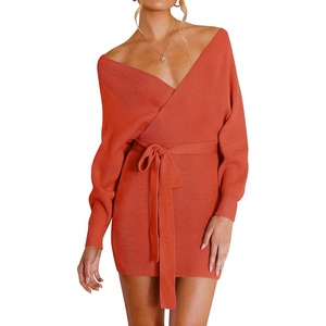 image:imageZESICA Womens Long Batwing Sleeve Wrap V Neck Sweater DressRustred