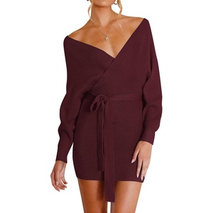 image:imageZESICA Womens Long Batwing Sleeve Wrap V Neck Sweater DressWine
