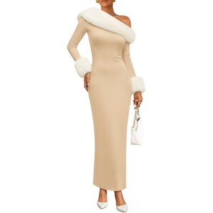 image:imageZESICA Womens Off Shoulder Faux Fur Bodycon Sweater Maxi DressApricot