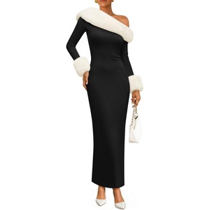 image:imageZESICA Womens Off Shoulder Faux Fur Bodycon Sweater Maxi DressBlack