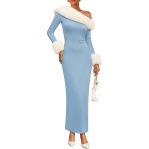 image:imageZESICA Womens Off Shoulder Faux Fur Bodycon Sweater Maxi DressBlue