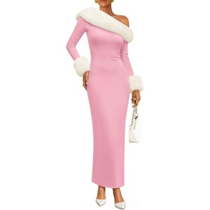 image:imageZESICA Womens Off Shoulder Faux Fur Bodycon Sweater Maxi DressPink