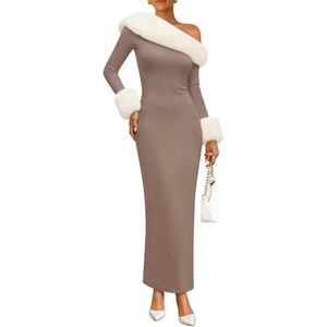image:imageZESICA Womens Off Shoulder Faux Fur Bodycon Sweater Maxi DressSand