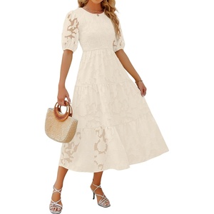 image:imageZESICA Womens Summer Short Puff Sleeve Floral Lace Maxi DressesBeige