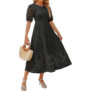 image:imageZESICA Womens Summer Short Puff Sleeve Floral Lace Maxi DressesBlack