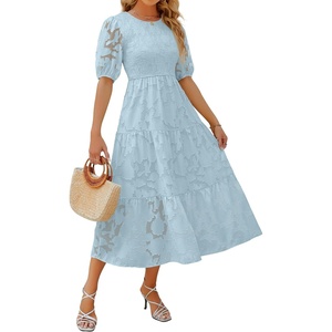 image:imageZESICA Womens Summer Short Puff Sleeve Floral Lace Maxi DressesBlue
