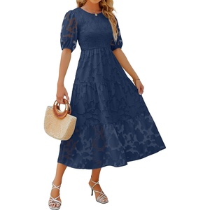 image:imageZESICA Womens Summer Short Puff Sleeve Floral Lace Maxi DressesNavy