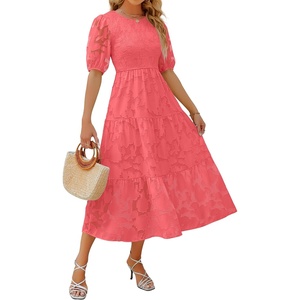 image:imageZESICA Womens Summer Short Puff Sleeve Floral Lace Maxi DressesWatermelon