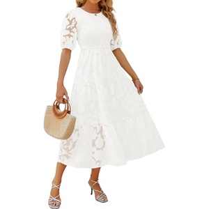 image:imageZESICA Womens Summer Short Puff Sleeve Floral Lace Maxi DressesWhite