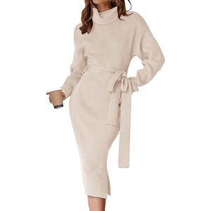 image:imageZESICA Womens Turtleneck Long Sleeve Bodycon Midi Sweater DressesApricot