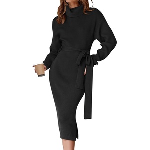 image:imageZESICA Womens Turtleneck Long Sleeve Bodycon Midi Sweater DressesBlack