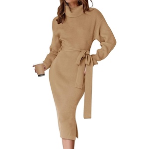 image:imageZESICA Womens Turtleneck Long Sleeve Bodycon Midi Sweater DressesCamel