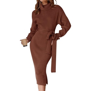image:imageZESICA Womens Turtleneck Long Sleeve Bodycon Midi Sweater DressesCoffee