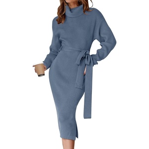 image:imageZESICA Womens Turtleneck Long Sleeve Bodycon Midi Sweater DressesDustyblue