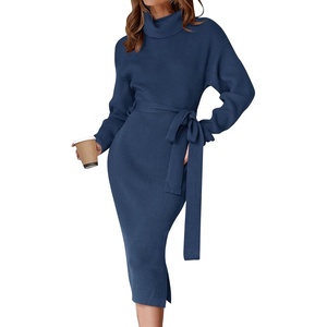 image:imageZESICA Womens Turtleneck Long Sleeve Bodycon Midi Sweater DressesNavy