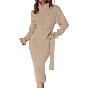 image:imageZESICA Womens Turtleneck Long Sleeve Bodycon Midi Sweater DressesOatmeal