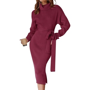 image:imageZESICA Womens Turtleneck Long Sleeve Bodycon Midi Sweater DressesPlum