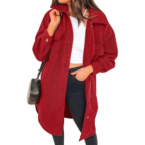 image:imageZESICA Womens Winter Fuzzy Fleece Lapel Button Down Open Front Faux Fur Long Jacket Coat Outwear with PocketsRedSmall