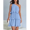 image:imageZESICA Womens 2025 Summer Sleeveless Mini Dress Boho One Shoulder Ruffle Tiered Layered Flowy A Line DressesLightblue