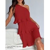 image:imageZESICA Womens 2025 Summer Sleeveless Mini Dress Boho One Shoulder Ruffle Tiered Layered Flowy A Line DressesRed