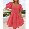 image:imageZESICA Womens Boho Square Neck Puff Sleeve Smocked Tiered A Line Mini DressWatermelon
