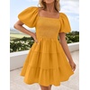image:imageZESICA Womens Boho Square Neck Puff Sleeve Smocked Tiered A Line Mini DressYellow
