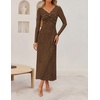 image:imageZESICA Womens Fall Floral Long Sleeve Bodycon Dress 2026 Elegant V Neck Cocktail Party Long Midi DressesBrown