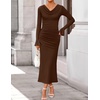 image:imageZESICA Womens Fall Long Sleeve Ruched Knit Cowl Neck Back Slit Maxi DressBrown