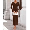 image:imageZESICA Womens Fall Long Sleeve Ruched Knit Cowl Neck Back Slit Maxi DressBrown
