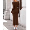 image:imageZESICA Womens Fall Long Sleeve Ruched Knit Cowl Neck Back Slit Maxi DressBrown