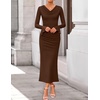 image:imageZESICA Womens Fall Long Sleeve Ruched Knit Cowl Neck Back Slit Maxi DressBrown
