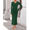 image:imageZESICA Womens Fall Long Sleeve Ruched Knit Cowl Neck Back Slit Maxi DressDark Green