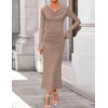 image:imageZESICA Womens Fall Long Sleeve Ruched Knit Cowl Neck Back Slit Maxi DressKhaki