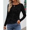 image:imageZESICA Womens Floral Long Sleeve Shirts 2026 Spring Boat Neck Mesh Ruched Tops Fitted Asymmetrical Going Out BlousesBlack