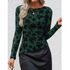 image:imageZESICA Womens Floral Long Sleeve Shirts 2026 Spring Boat Neck Mesh Ruched Tops Fitted Asymmetrical Going Out BlousesGreen