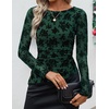 image:imageZESICA Womens Floral Long Sleeve Shirts 2026 Spring Boat Neck Mesh Ruched Tops Fitted Asymmetrical Going Out BlousesGreen