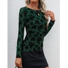 image:imageZESICA Womens Floral Long Sleeve Shirts 2026 Spring Boat Neck Mesh Ruched Tops Fitted Asymmetrical Going Out BlousesGreen