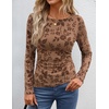image:imageZESICA Womens Floral Long Sleeve Shirts 2026 Spring Boat Neck Mesh Ruched Tops Fitted Asymmetrical Going Out BlousesKhaki