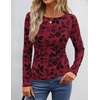 image:imageZESICA Womens Floral Long Sleeve Shirts 2026 Spring Boat Neck Mesh Ruched Tops Fitted Asymmetrical Going Out BlousesRed