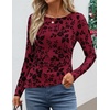 image:imageZESICA Womens Floral Long Sleeve Shirts 2026 Spring Boat Neck Mesh Ruched Tops Fitted Asymmetrical Going Out BlousesRed