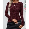 image:imageZESICA Womens Floral Long Sleeve Shirts 2026 Spring Boat Neck Mesh Ruched Tops Fitted Asymmetrical Going Out BlousesWine